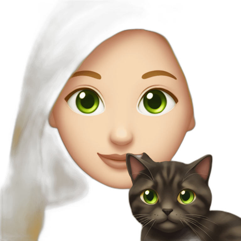 woman with green eyes and long straight blonde hair and big boobs is holding a very fluffy and fat tortoiseshell cat emoji