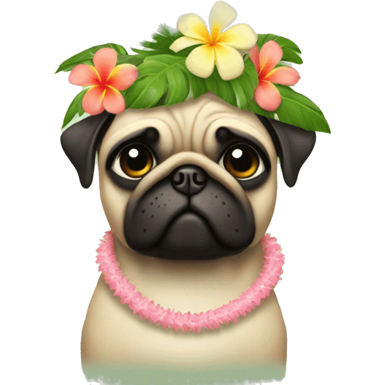 pug in a hula skirt with a coconut bra and a lei and a flower crown emoji