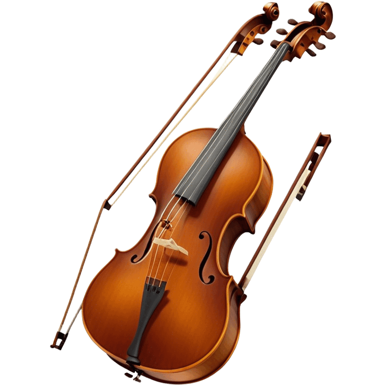 Create a refined and detailed emoji representing a Cremona cello with a bow. The design should feature the smooth, polished wooden body of the cello with a deep, rich tone color. The strings and tuning pegs should be visible, emphasizing the instrument's fine craftsmanship. Add a delicate bow placed gently across the strings, with intricate detailing on the hair and frog. Include subtle musical notes around the cello to evoke the graceful, classical sound. Use warm wood tones and accents like gold and silver for a professional, elegant look. The background should be transparent. emoji