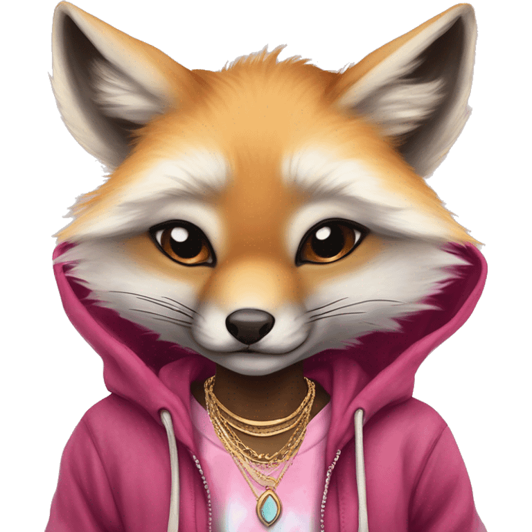 Pink magenta burgundy maroon cyan beige gray fox wearing a pink hoodie with gold jewellery gold piercings gold ear piercing gold nose piercing vintage watercolour tie dye black raven wings emoji