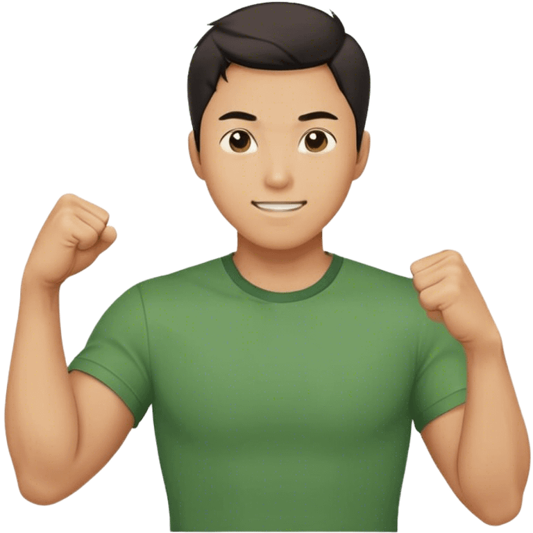 A determined Korean man in a green shirt, clenching his right fist with a confident & smile expression. Emoji-style digital illustration emoji