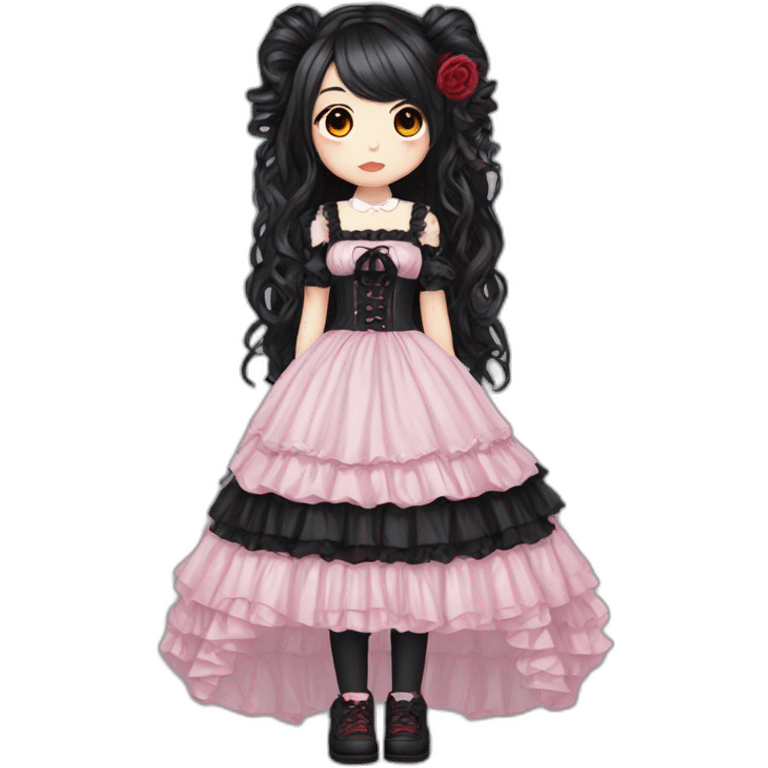 Gothic lolita pink and black, long hair, red and black hair, full body emoji