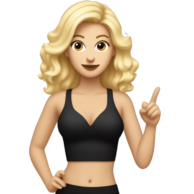 Emoji of a white woman with blonde hair in a black mini dress bra inside, confidently pointing forward with finger with a stylish, influencer vibe emoji