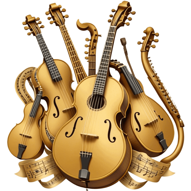 Create a grand, heraldic-style emoji collage representing plucked string instruments. The design should resemble a majestic emblem, featuring a collection of iconic instruments such as a banjo, mandolin, domra, sitar, and other plucked string instruments. Arrange the instruments symmetrically, with their necks and strings intertwining gracefully like a coat of arms. A flowing ribbon of musical notes should elegantly weave through the instruments, creating a sense of harmony and movement. The emblem should have a luxurious, golden and bronze color palette with intricate decorative elements, adding depth and a professional touch. Subtle lighting effects should highlight the polished wood and metal strings of the instruments. The background should be transparent, making the design adaptable for various uses emoji