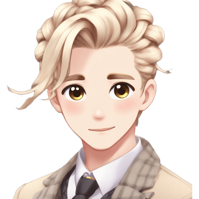 Gorgeous romantic hot attractive anime style modern gentlemanly anime shojo guy with pretty braided  ponytail hair and colorful eyes and blushing face aesthetic trending style  pastelcore cottagecore kawaiicore emoji