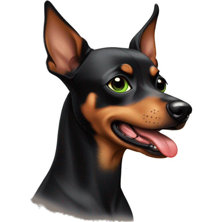 A girl with dark short square hair, green eyes and red lips with a brown Zwing Pinscher dog with a black gradient on her back with her tongue sticking out emoji