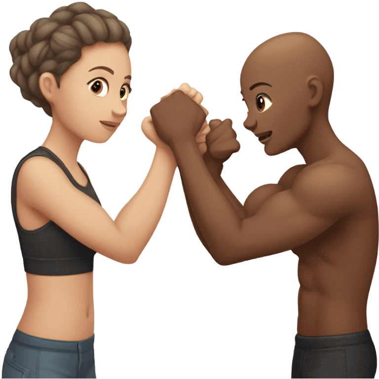 Girl with no hair and medium brown skin arm wrestling with a girl who brown hair emoji