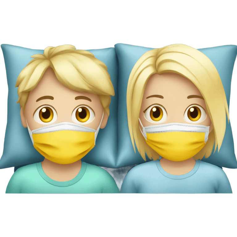 Two blonde children, each in their own bed at home, sick, sad, each wearing a surgical mask, one is a Boy, one is a girl, get well soon sign with yellow heart emoji