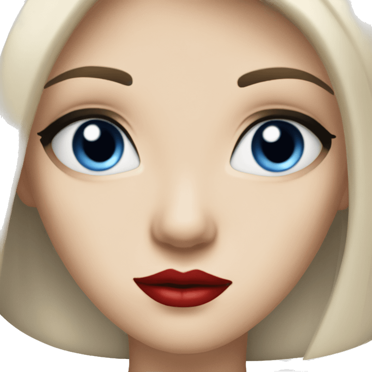 A girl with pale skin, long straight black hair parted in the middle and blue eyes with long eyelashes, red lips emoji