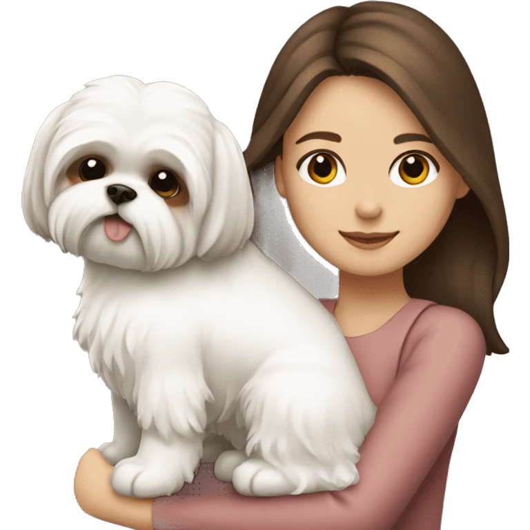 Girl Brunette  with brown long hair, hugging her white Shih tzu emoji