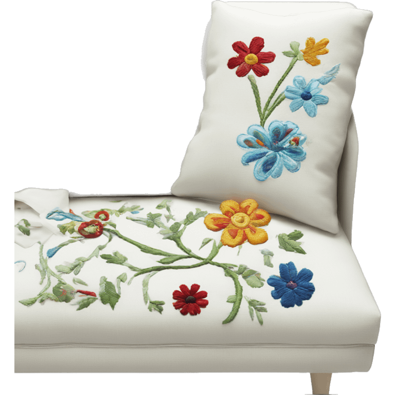 Embroidery, white sofa with several embroided designs in color  emoji