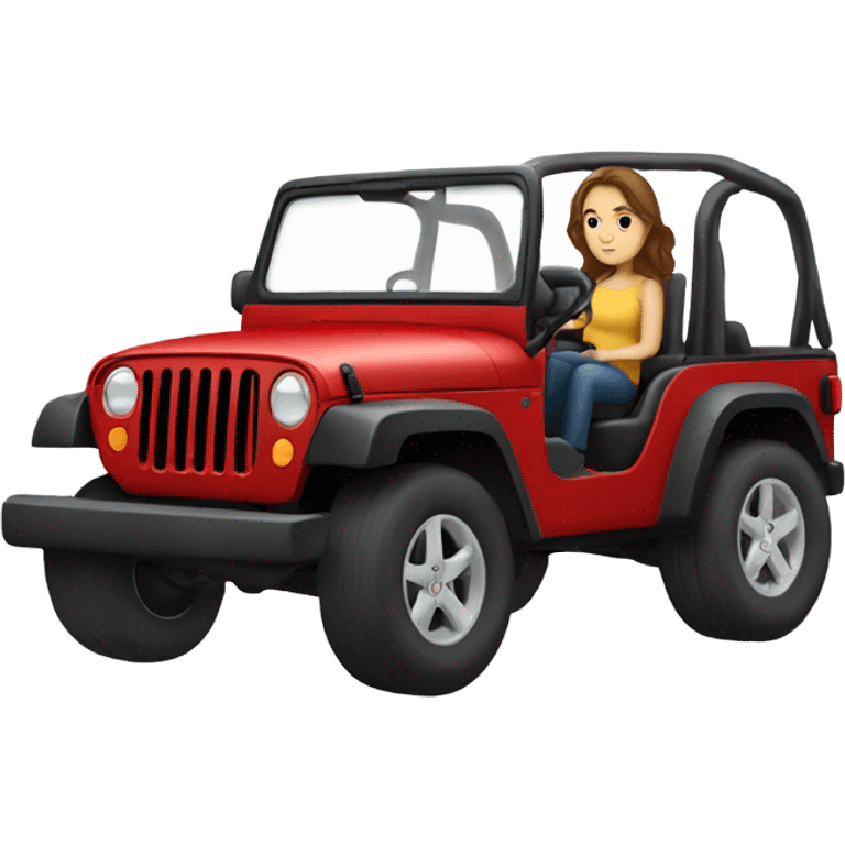 White girl with brown hair driving a red jeep emoji