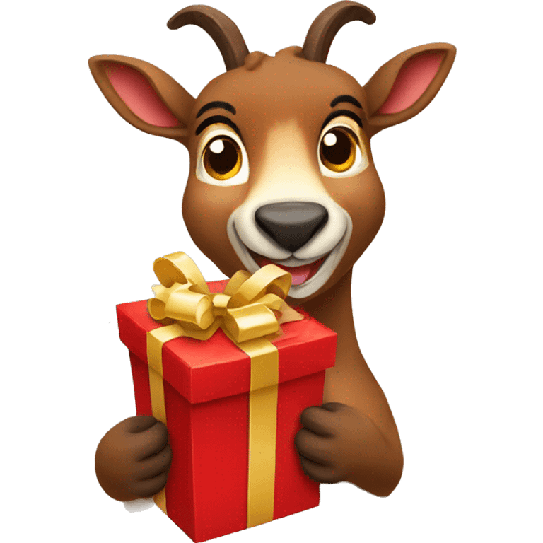 happy smiling brown chamois holding red gift emoji