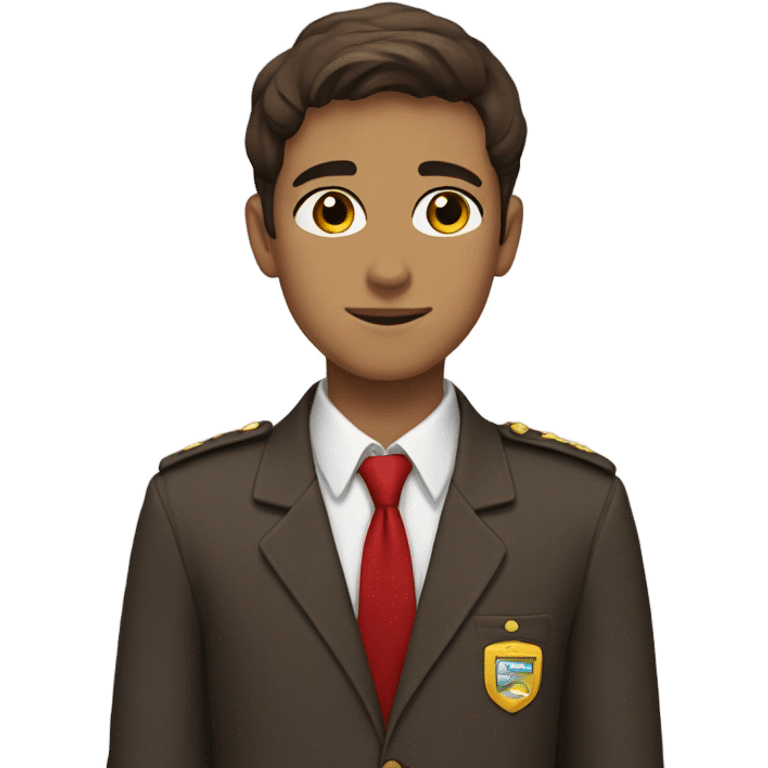 it's a very calm guy, 17-18 years old, has brown short hair and brown-blackish eyes, in a school uniform which is brown and has a red tie.  emoji