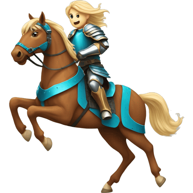 Chestnut brindle brindled striped horse blonde mane running galloping wearing blue and cyan armour  emoji