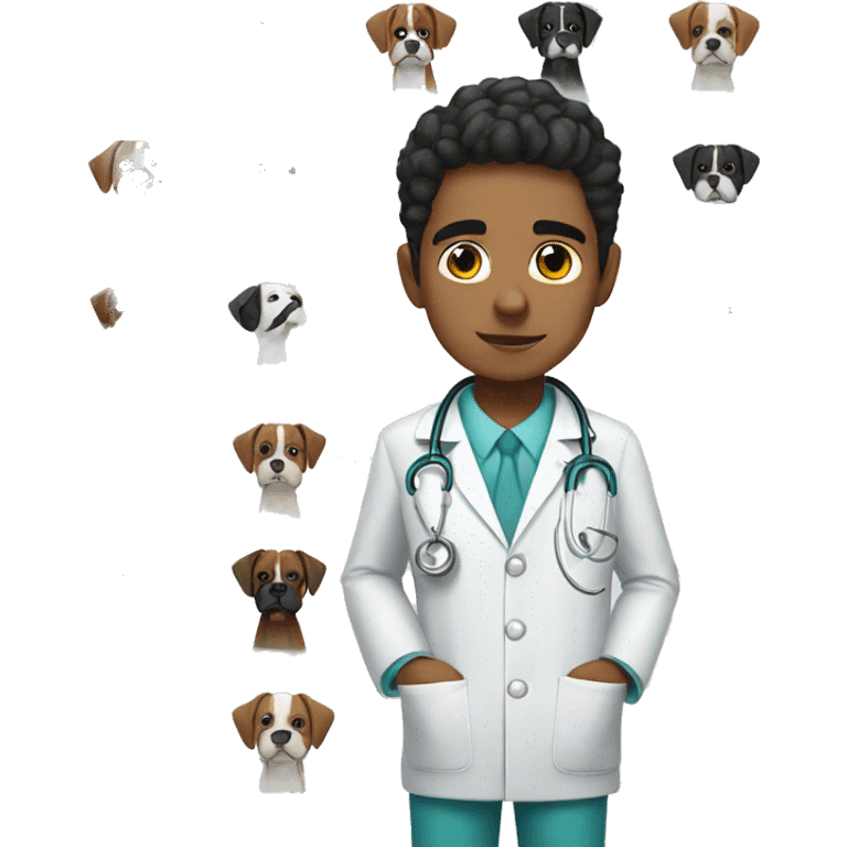 Young Mexican doctor with big black boxer dog with white face emoji