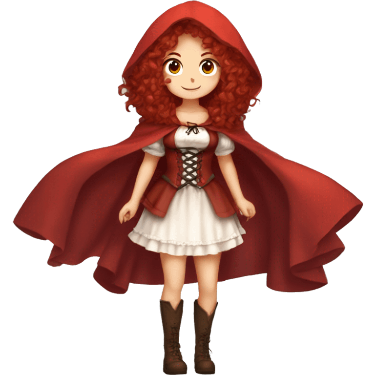 Little Red Riding Hood long curly red hair, brown corset and dress full body pose non-chibi emoji