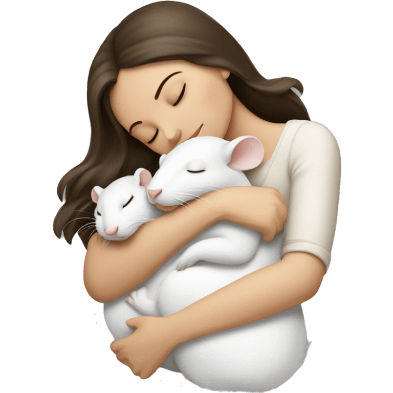 white brunette sleeping woman cuddling with white rat emoji