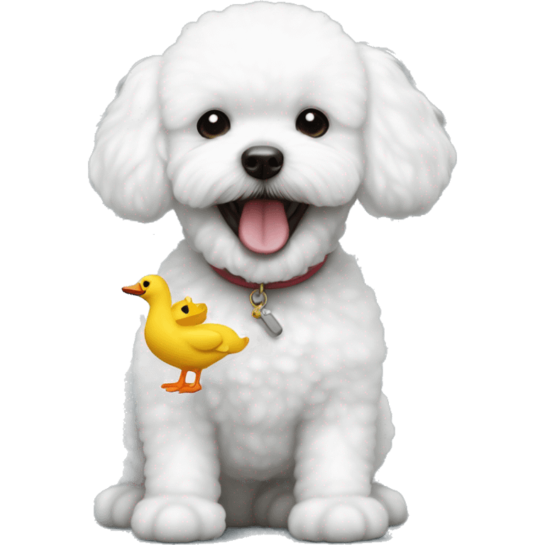 white bichon frise holding a toy duck in its teeth emoji