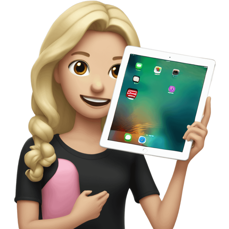 Apple grey ipad in girls hands (blond Girl whole height pinky lips greenish eyes wearing black top) emoji