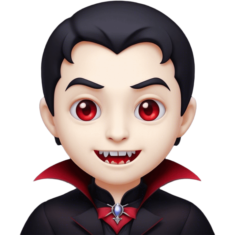 Cinematic Cute Vampire Portrait Emoji, with a refined yet playful small, rounded pale face accented by tiny, cute fangs and bright, twinkling eyes, sporting miniature elegant dark attire with a hint of crimson, simplified yet irresistibly charming, highly detailed with a soft glowing outline that captures the delightful duality of spooky sweetness and stylish allure! emoji