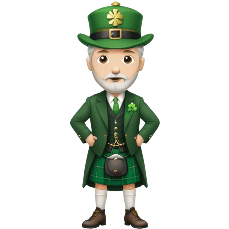 Tall grey haired man with goatee wearing a green peaky hat and kilt st. Patrick’s Day emoji