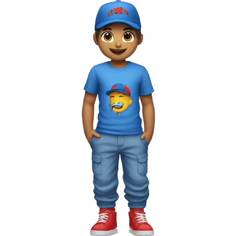 Hazme una imagen de un niño con gorra con el pelo azul y que tiene una camiseta de una x y un pantalón azul y zapatos rojos emoji