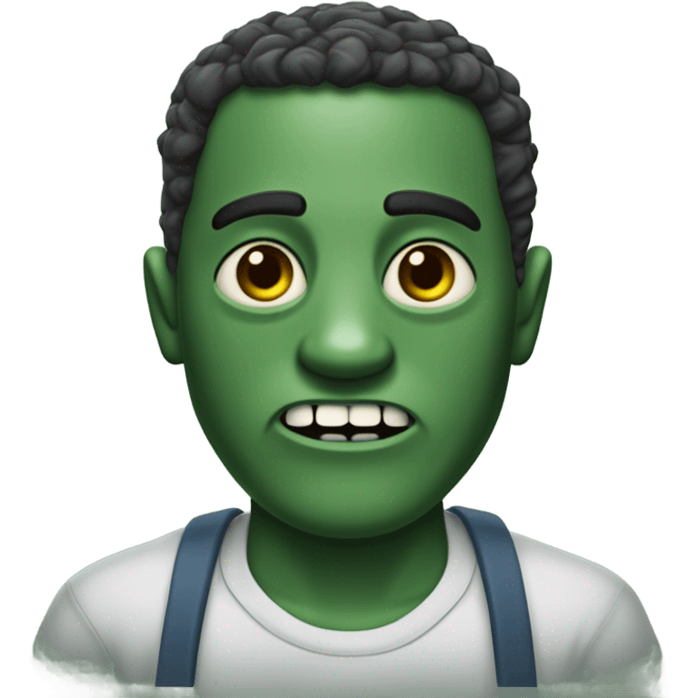 Zumbi com pele verde-acinzentada, olhos grandes e amarelados, boca aberta e ferimento exposto na bochecha esquerda. Cabelos loiros-ruivos e camisa neutra. emoji