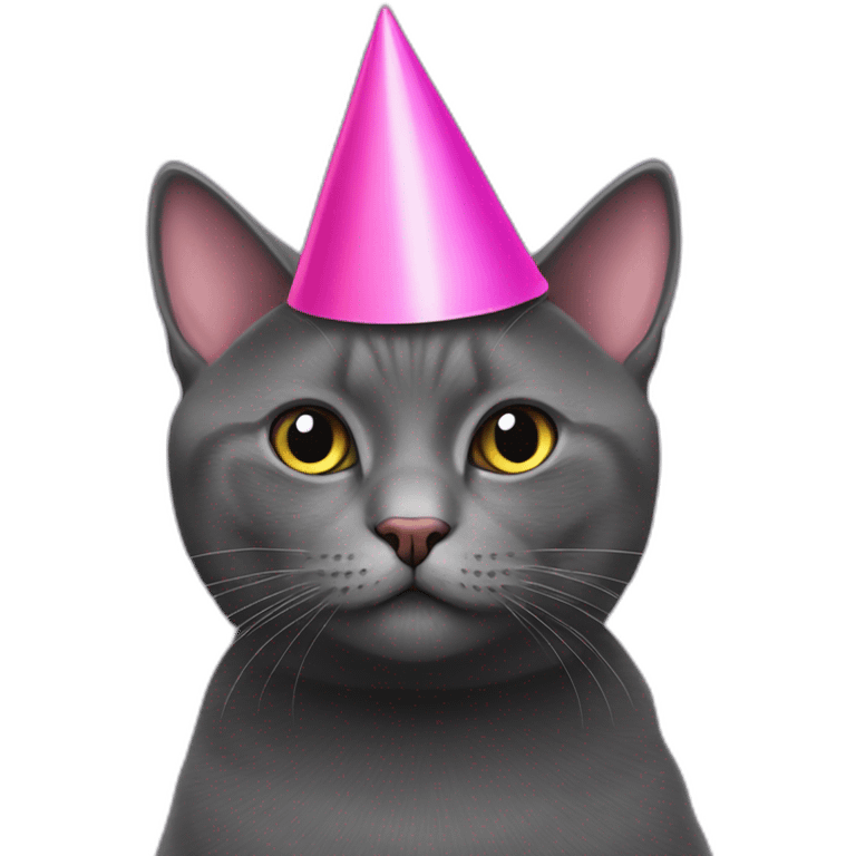 Dark Grey British short hair cat wearing a pink party hat emoji