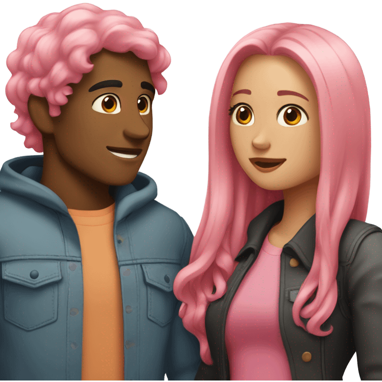 make a guy and a girl, they are hugging, the girl has pink long wavy hair. The guy has black hair and light skin. They are facing each other emoji