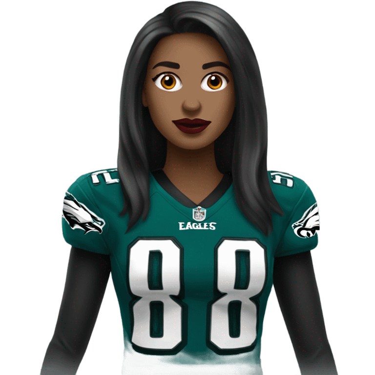 White female long dark hair red lips wearing Philadelphia Eagles jersey emoji