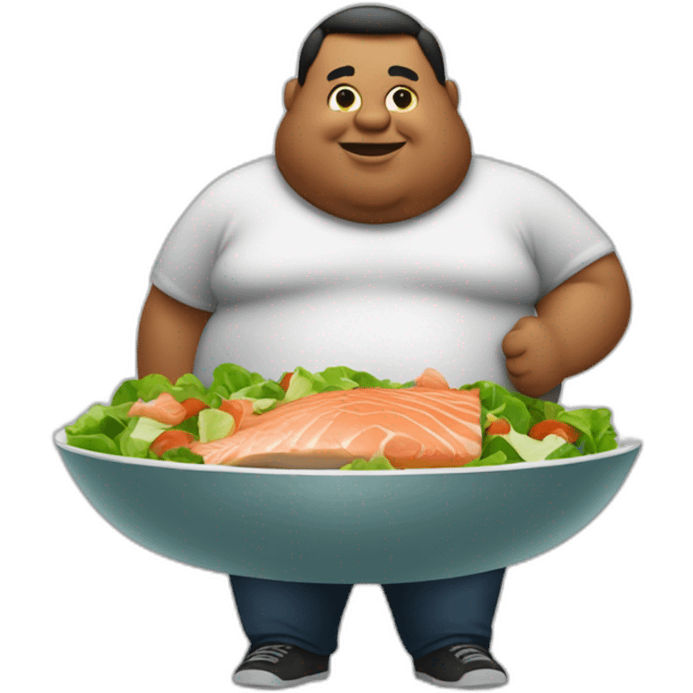 a fat man that eats a salad made of chicken and salmon emoji