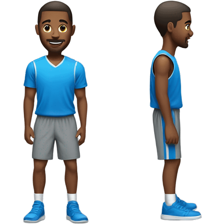 Guy with a blue shirt on gray shorts on about to play basketball emoji