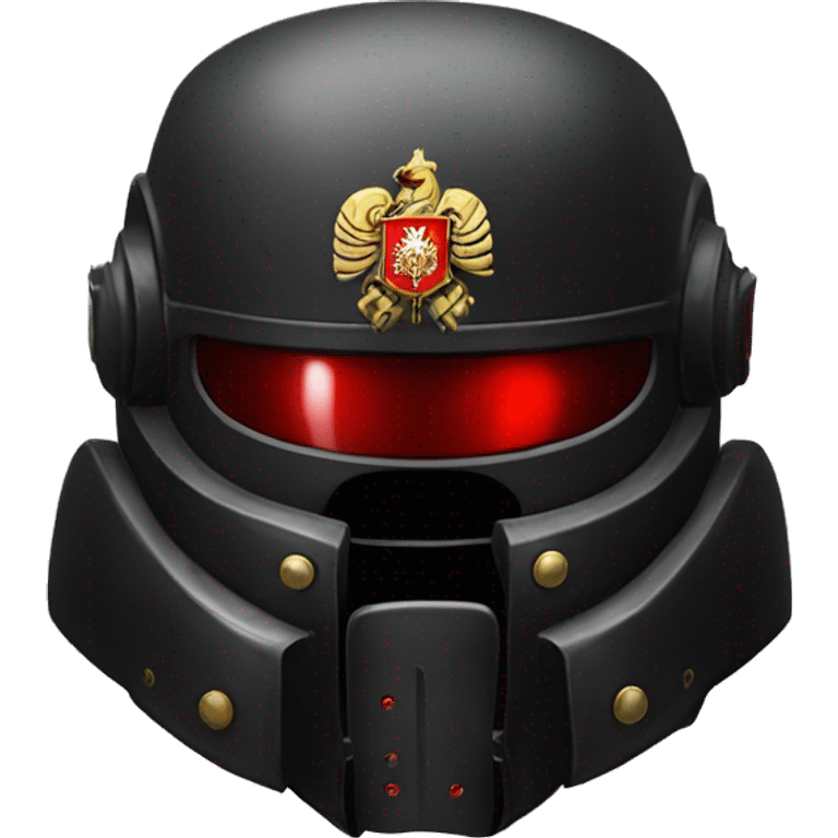 Black Space Marine helmet with red lenses, featuring the Russian coat of arms. emoji