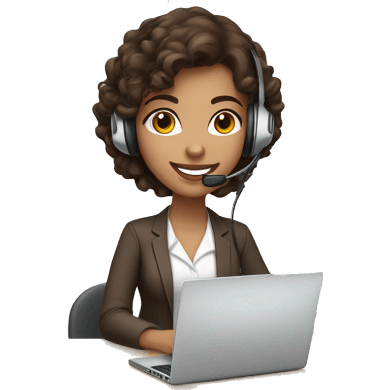 lightly brown call center girl with dark brown medium curly hair smiling and wearing a headset while working on a laptop. head rotated a quarter turn emoji