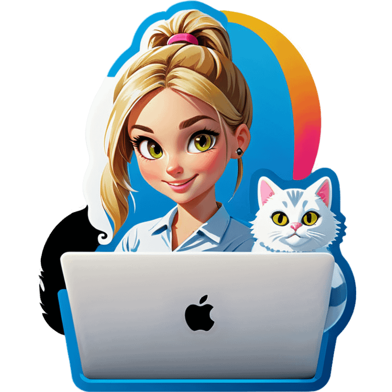 Blonde girl ponytail macBook and a cat emoji