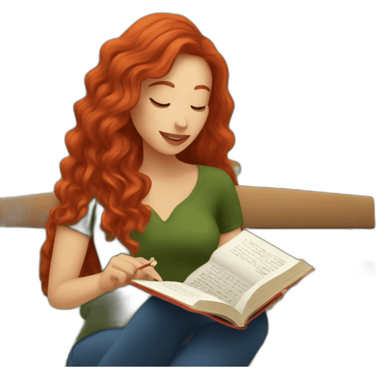 woman with long curly red hair reading a book with a glass of wine in a park emoji