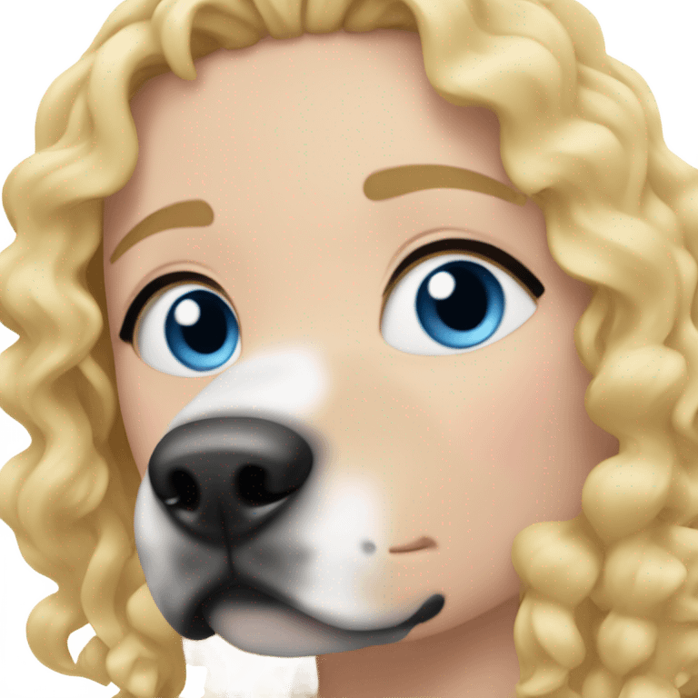 girl with blue eyes and curly blonde hair with black and white staffy in front of her emoji