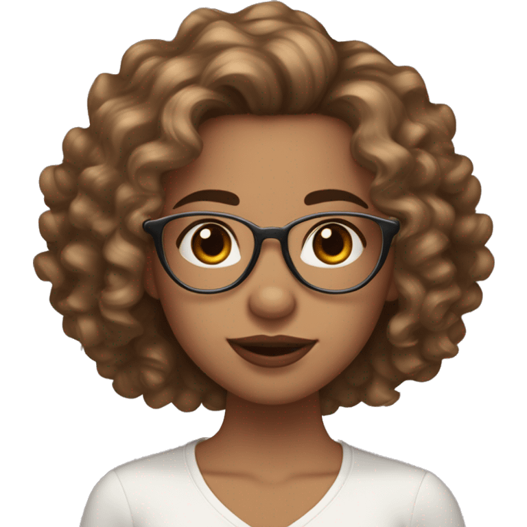 girl with borgoña hair , wavy curly hair , light brown eyes , white pinky skin , medium hair length , medium pinky lips , big eyelashes , good eyebrows , heart face , big cheeks , brackets and glasses  emoji