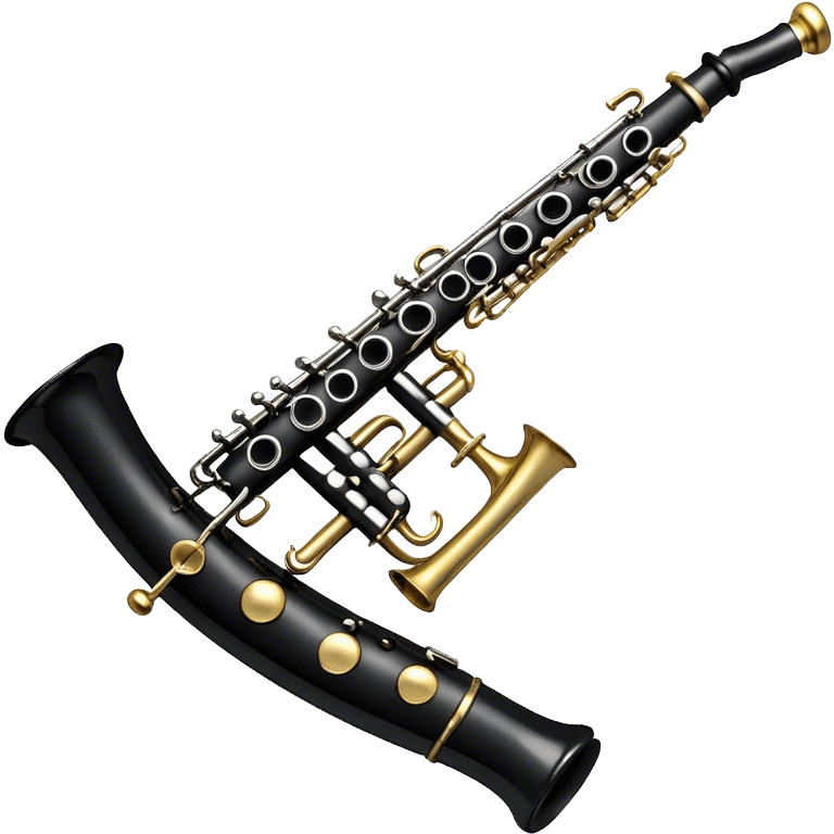 Create an elegant and detailed emoji representing a clarinet. The design should feature the sleek, black wood finish of the clarinet with its shiny metal keys clearly visible. Highlight the intricate details, such as the bell at the end and the carefully crafted mouthpiece with the reed. Use black wood tones for the body of the instrument and silver or brass accents for the keys. Add subtle musical notes or soundwaves floating around the instrument to evoke the smooth, melodic sound of the clarinet. The background should be transparent. emoji