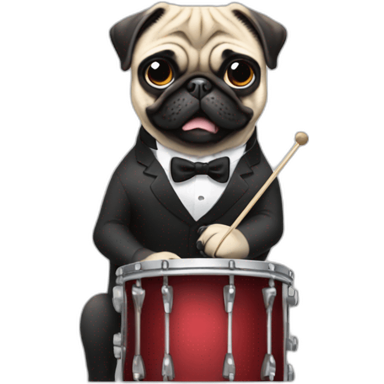 Pug with bow tie and suit playing drums emoji