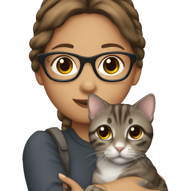 girl brown hair with glasses holding a grey tabby cat emoji