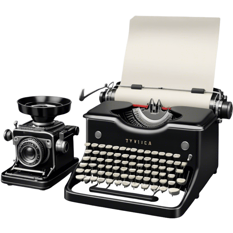 Create an emoji representing screenwriting. The design should feature an open script with visible dialogue and action lines, symbolizing the writing of a screenplay. Include a classic typewriter or a modern writing device, such as a laptop, to signify the process of creating a script. Add a vintage film camera next to the script to emphasize the cinematic aspect of screenwriting. Use a professional color palette with black, white, and subtle metallic tones. Do not include any emojis or smiley faces. Make the background transparent. emoji