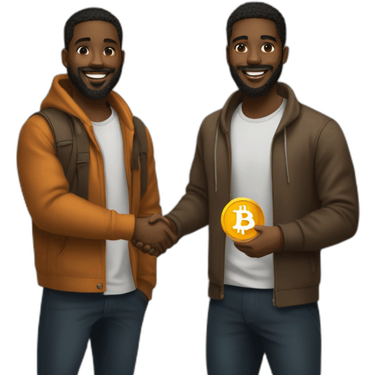 Two young black men in their 20’s with beards shaking hands with Bitcoin token in their hands  emoji