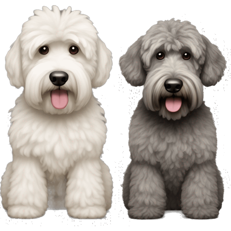 2 dogs, one is a dark grey whoodle with a poodle cut, the other is a wheaten terrier. Make both same size emoji