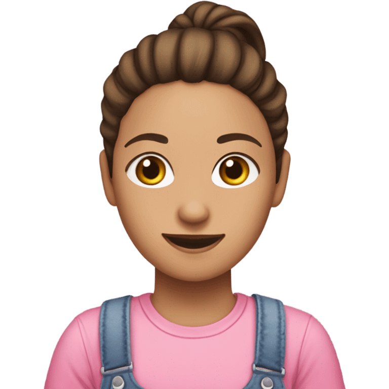 A white woman with brown hair in pony tail wearing pink headband, pink t shirt and overalls  emoji