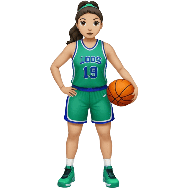 full body plus size light skin latino women basketball player with wavy dark hair in pony tail wide nose wearing blue with green uniform emoji