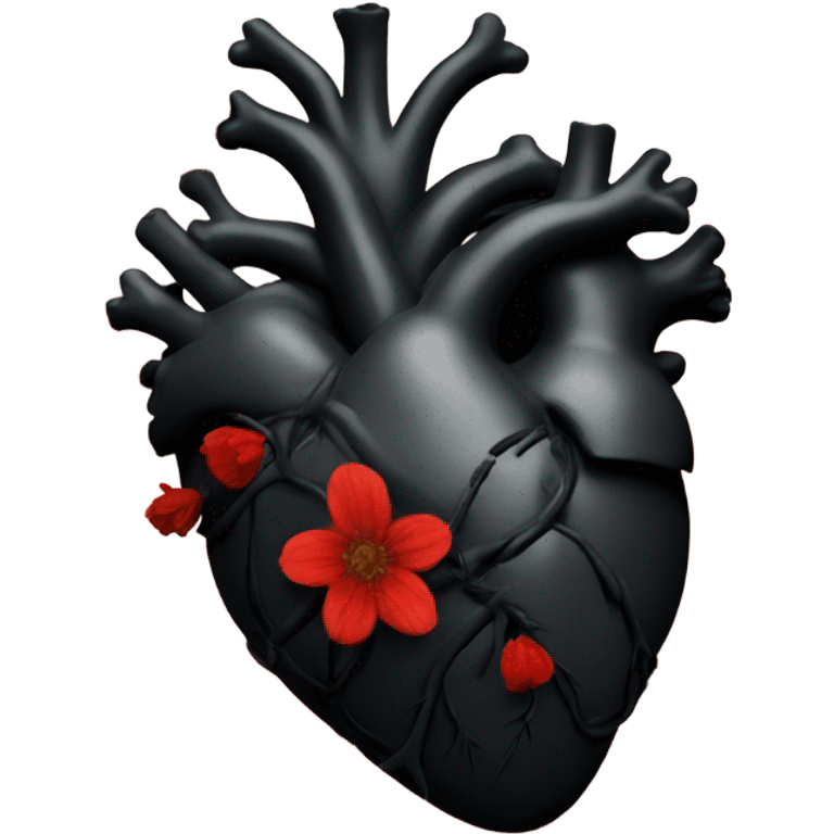 black anatomical heart with red wildflowers emoji