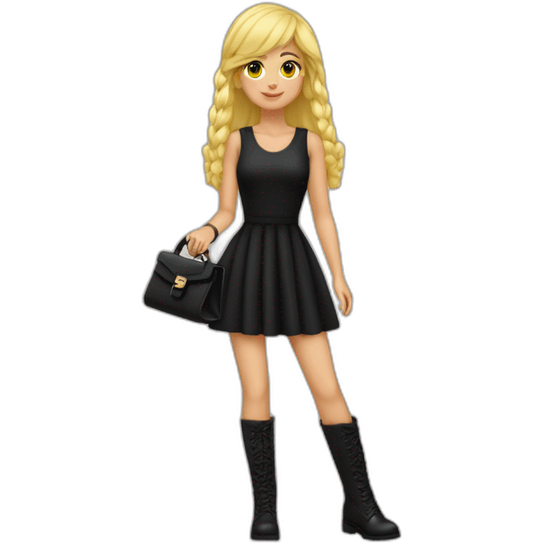 Chica rubia con flequillo vestido negro bolso negro botas negras anillo emoji