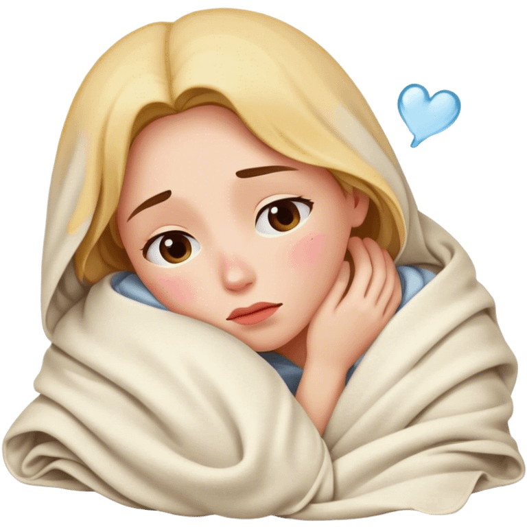 A woman wrapped in a blanket, hugging a pillow, tears on her cheeks, a broken heart floating above her head. emoji